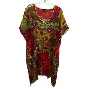 Saachi Women's Floral Retro Boho Kaftan Swim Cover Up O/S Pink Green Yellow